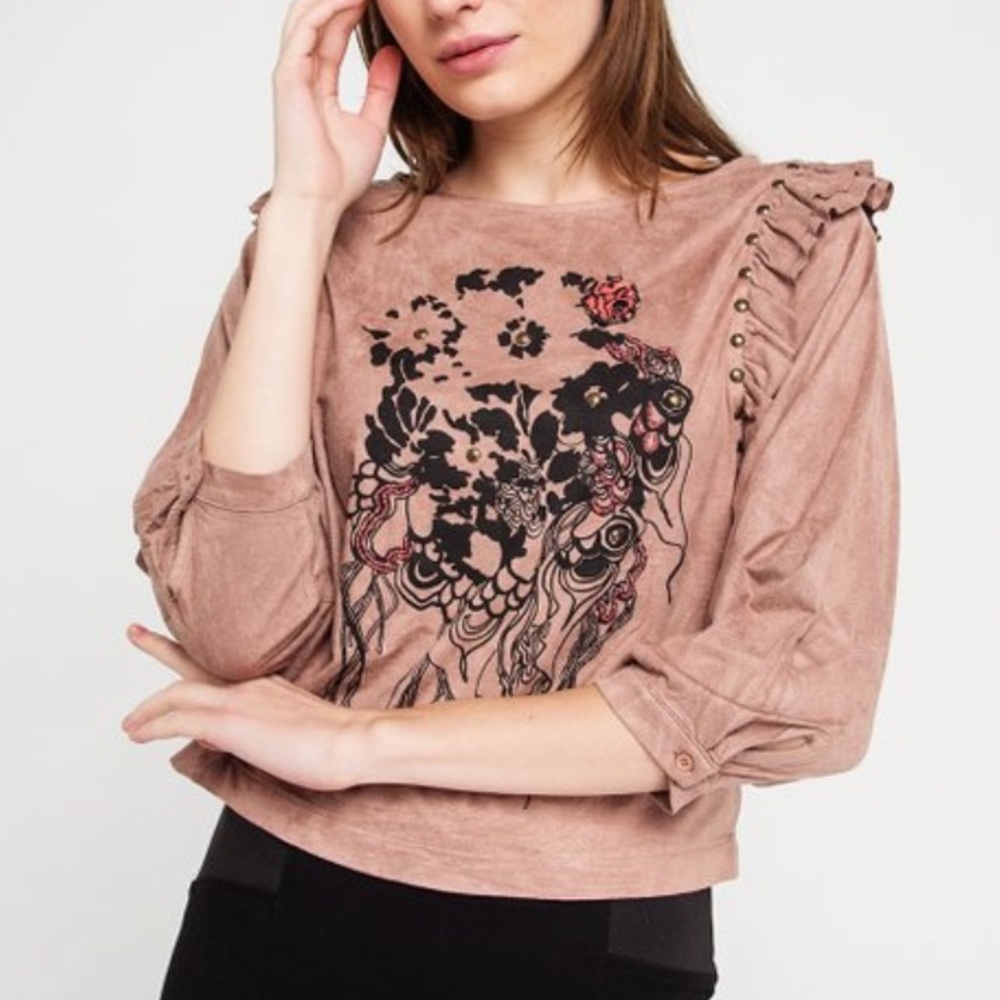 Angels Never Die Henna Floral Ruffle Crewneck
